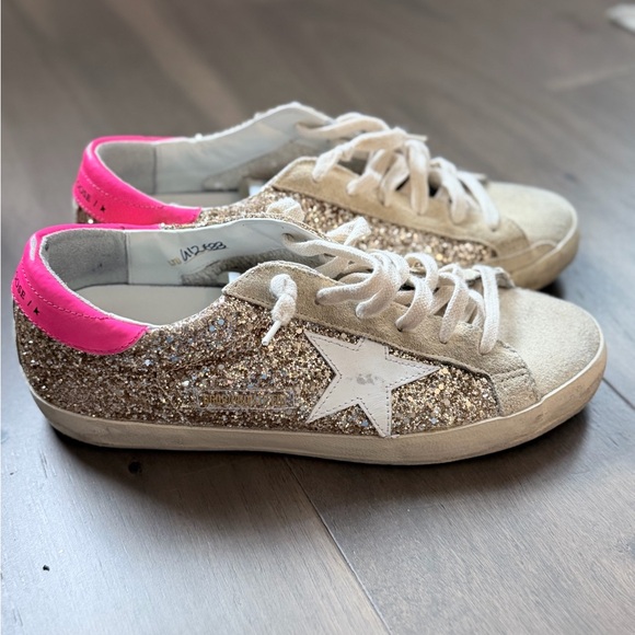 Golden Goose Gold Glitter Super Star Sneakers with Neon Pink - Picture 11 of 11